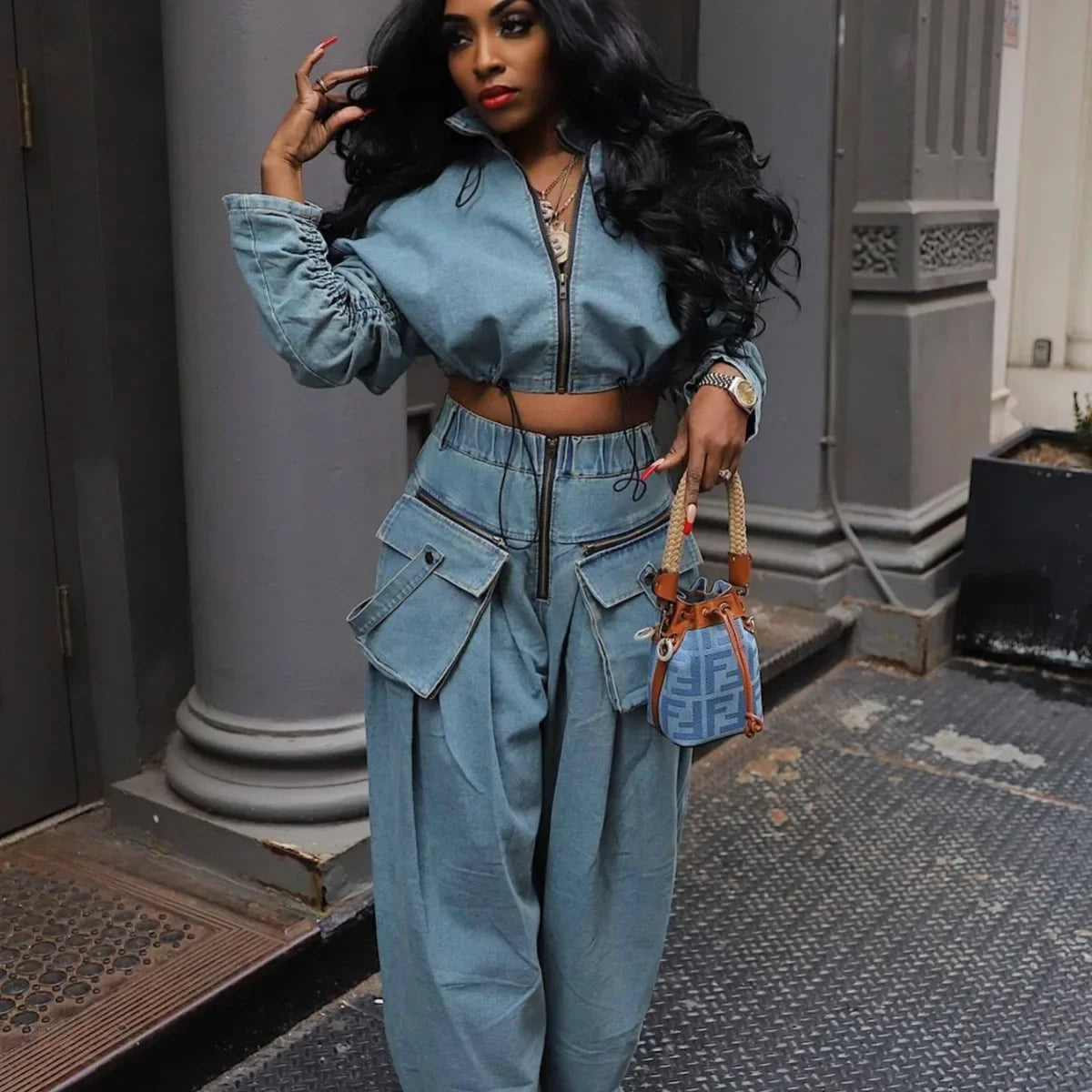 Women's Denim 2-Piece Set - Jacket & Wide Leg Jeans Matching Streetwear Outfit | SHEFYSTYLE