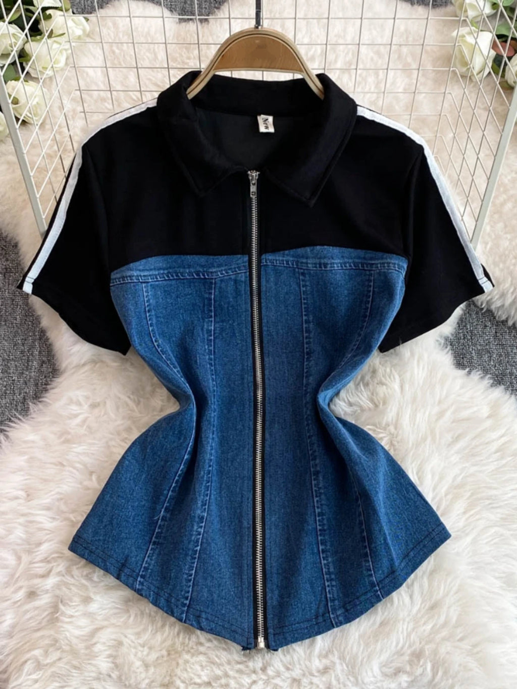 Women's Denim 2-Piece Set - Casual Top & Striped Straight Leg Pants Summer Outfit | SHEFYSTYLE