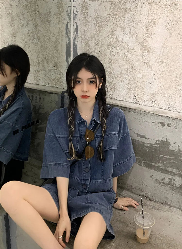Women's Denim 2-Piece Set - Collared Top & High Waist Pocket Shorts Summer Outfit | SHEFYSTYLE