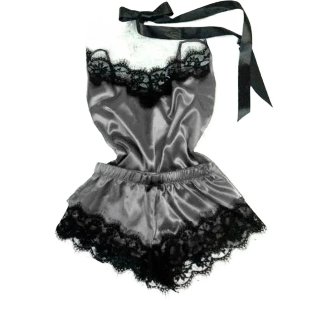 Women's Satin Lace Pajama Set - Cami Top & Shorts Sleepwear Loungewear | SHEFYSTYLE