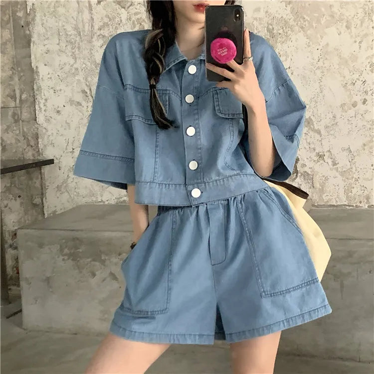 Women's Denim 2-Piece Set - Collared Top & High Waist Pocket Shorts Summer Outfit | SHEFYSTYLE