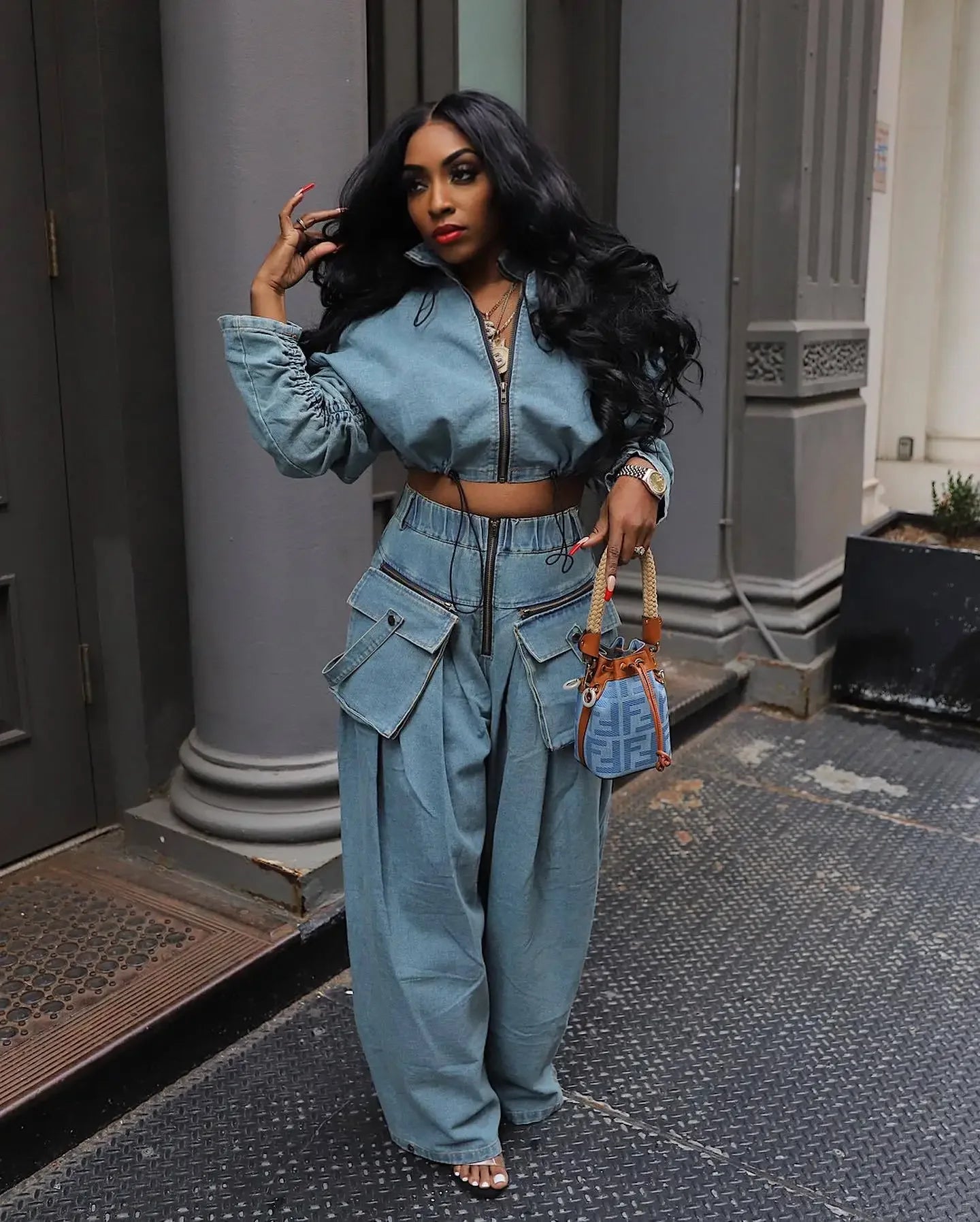 Women's Denim 2-Piece Set - Jacket & Wide Leg Jeans Matching Streetwear Outfit | SHEFYSTYLE