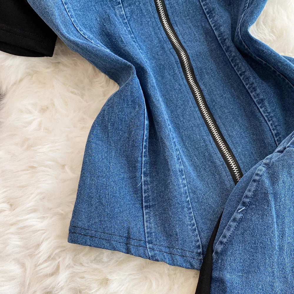 Women's Denim 2-Piece Set - Casual Top & Striped Straight Leg Pants Summer Outfit | SHEFYSTYLE