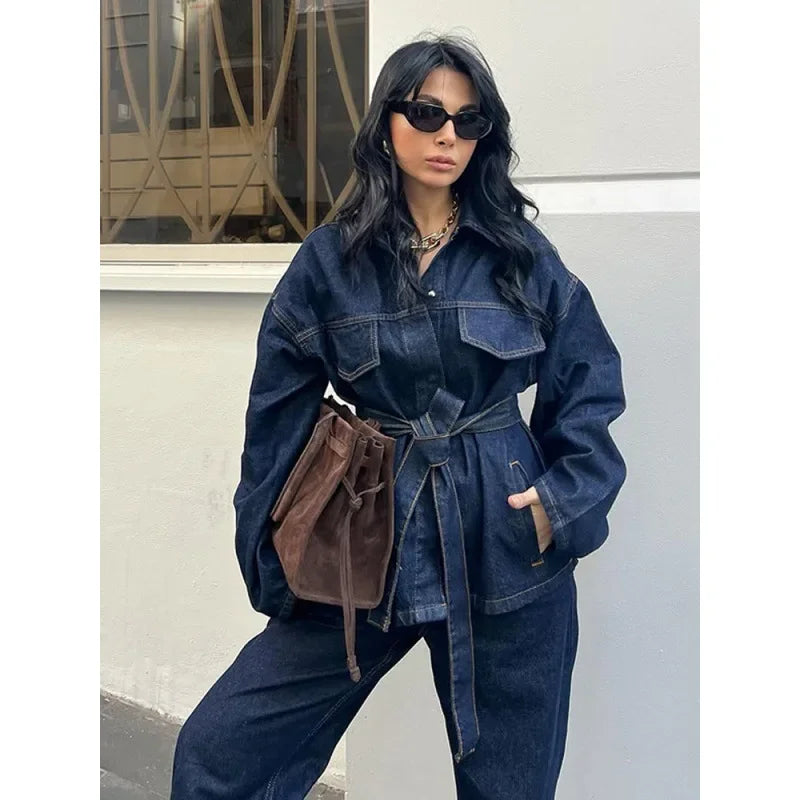 Women's Denim 2-Piece Set - Belted Jacket & Front Zip Jeans Trousers | SHEFYSTYLE