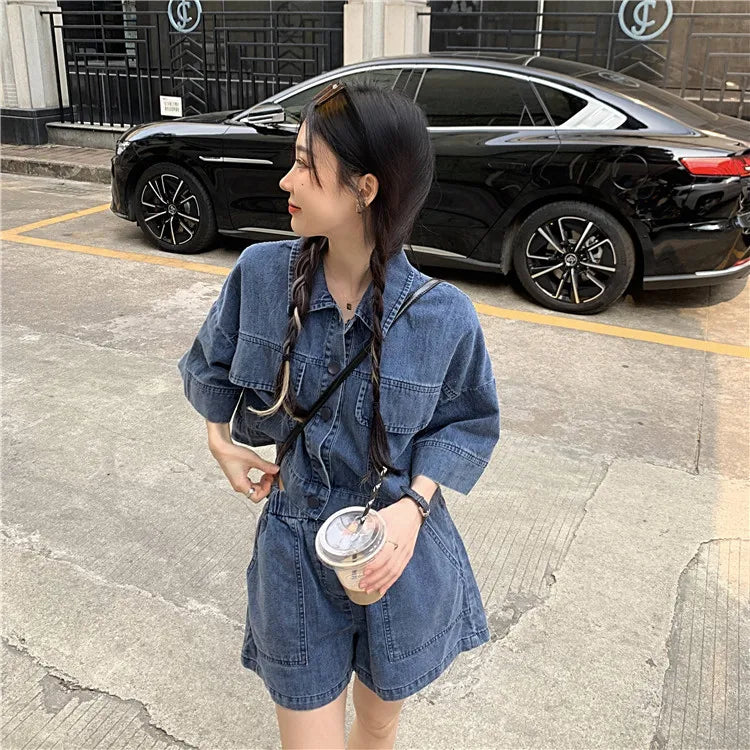Women's Denim 2-Piece Set - Collared Top & High Waist Pocket Shorts Summer Outfit | SHEFYSTYLE