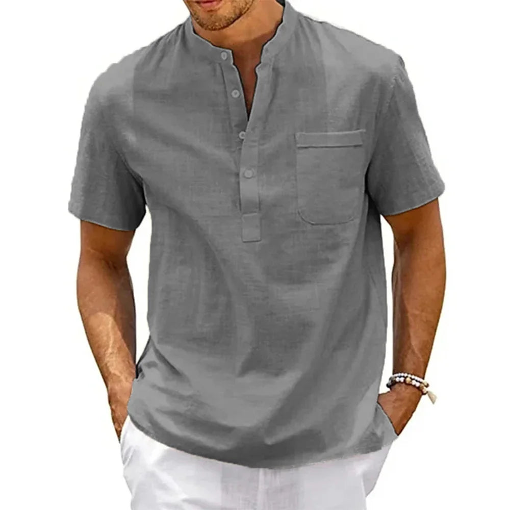 Men's Cotton Linen Henley Shirt - Short Sleeve Casual Summer Beach Top | SHEFYSTYLE