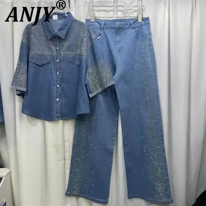 Women's Denim 2-Piece Set - Diamond-Embellished Short Sleeve Shirt & Straight Jeans | SHEFYSTYLE