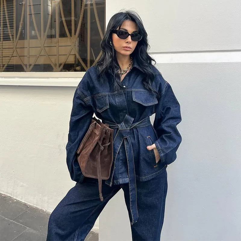 Women's Denim 2-Piece Set - Belted Jacket & Front Zip Jeans Trousers | SHEFYSTYLE