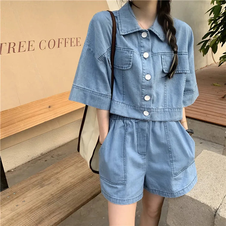 Women's Denim 2-Piece Set - Collared Top & High Waist Pocket Shorts Summer Outfit | SHEFYSTYLE