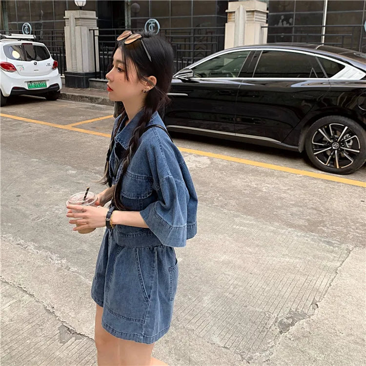 Women's Denim 2-Piece Set - Collared Top & High Waist Pocket Shorts Summer Outfit | SHEFYSTYLE
