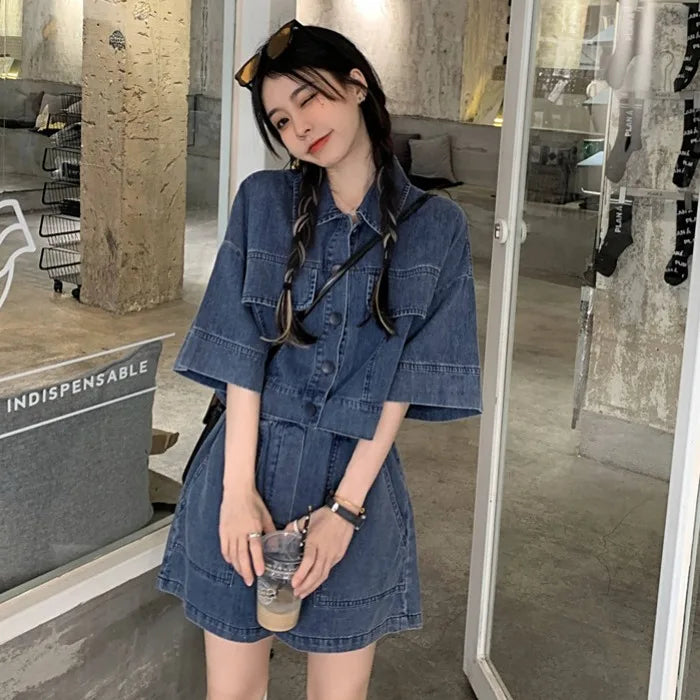 Women's Denim 2-Piece Set - Collared Top & High Waist Pocket Shorts Summer Outfit | SHEFYSTYLE