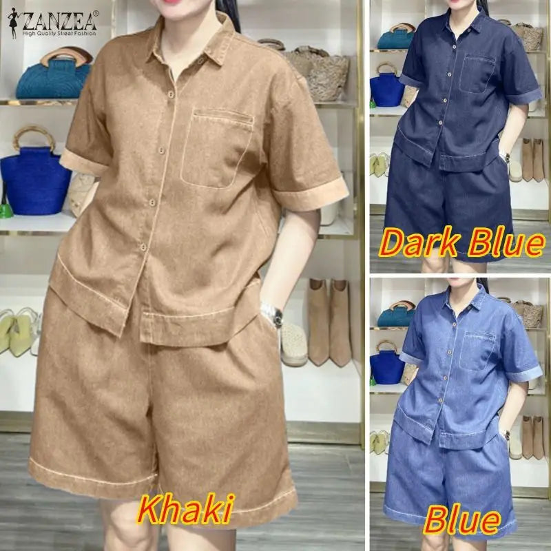 Women's Denim-Look 2-Piece Set - Short Sleeve Shirt & Elastic Waist Shorts Summer Outfit | SHEFYSTYLE