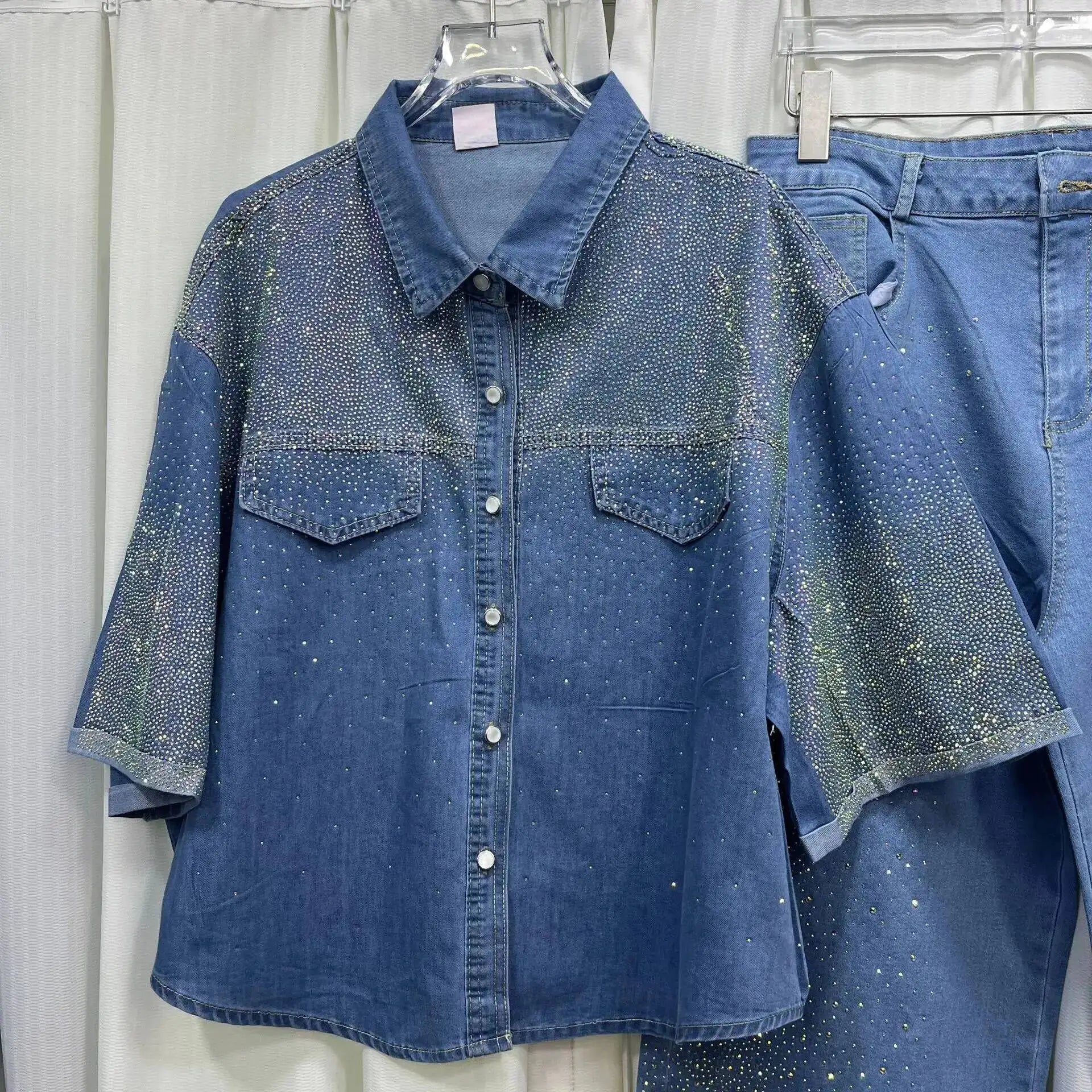 Women's Denim 2-Piece Set - Diamond-Embellished Short Sleeve Shirt & Straight Jeans | SHEFYSTYLE