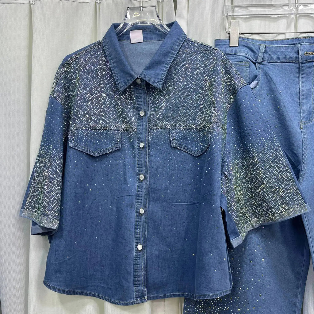 Women's Denim 2-Piece Set - Diamond-Embellished Short Sleeve Shirt & Straight Jeans | SHEFYSTYLE