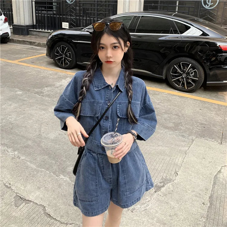Women's Denim 2-Piece Set - Collared Top & High Waist Pocket Shorts Summer Outfit | SHEFYSTYLE
