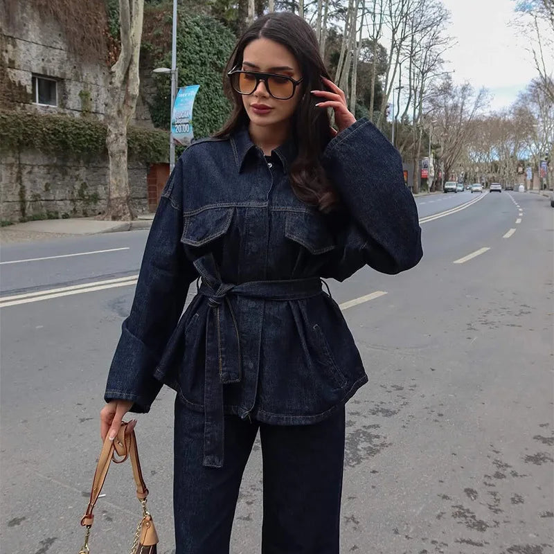 Women's Denim 2-Piece Set - Belted Jacket & Front Zip Jeans Trousers | SHEFYSTYLE