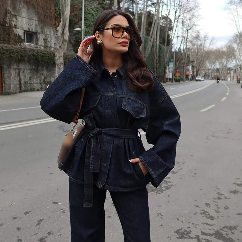Women's Denim 2-Piece Set - Belted Jacket & Front Zip Jeans Trousers | SHEFYSTYLE