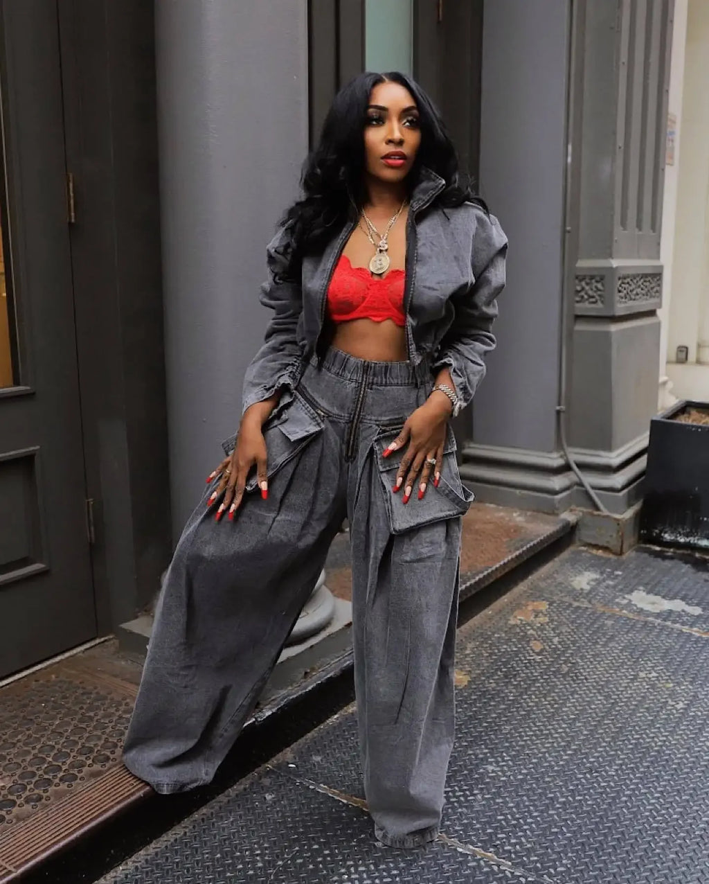 Women's Denim 2-Piece Set - Jacket & Wide Leg Jeans Matching Streetwear Outfit | SHEFYSTYLE