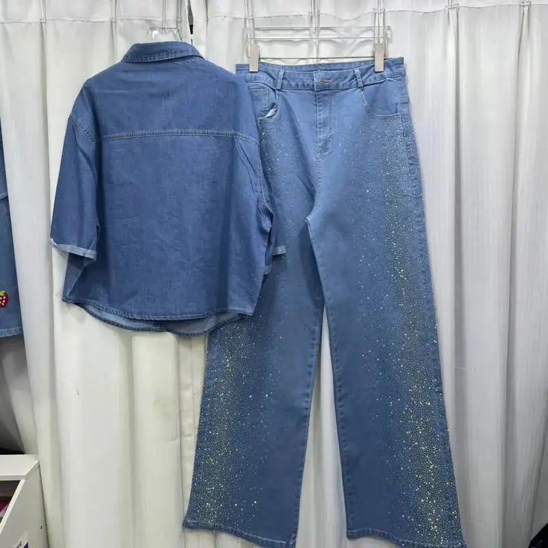 Women's Denim 2-Piece Set - Diamond-Embellished Short Sleeve Shirt & Straight Jeans | SHEFYSTYLE