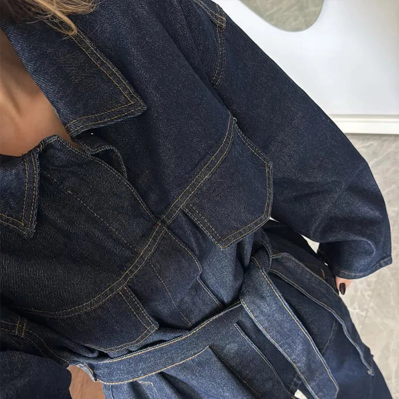 Women's Denim 2-Piece Set - Belted Jacket & Front Zip Jeans Trousers | SHEFYSTYLE
