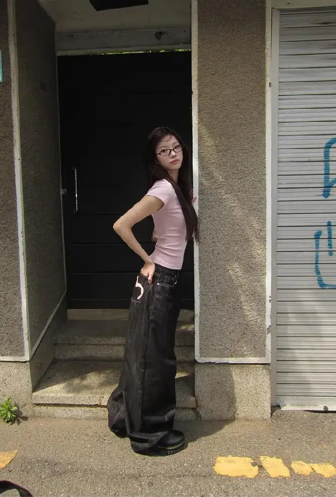 Y2K Grunge Wide-Leg Jeans – High-Waist Baggy Denim for Women (Harajuku Streetwear, Loose Fit)