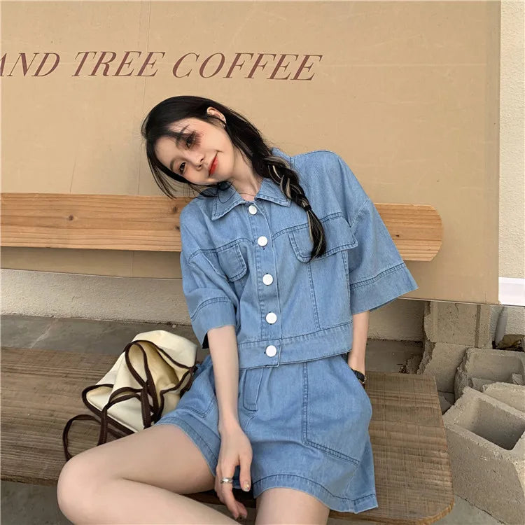 Women's Denim 2-Piece Set - Collared Top & High Waist Pocket Shorts Summer Outfit | SHEFYSTYLE