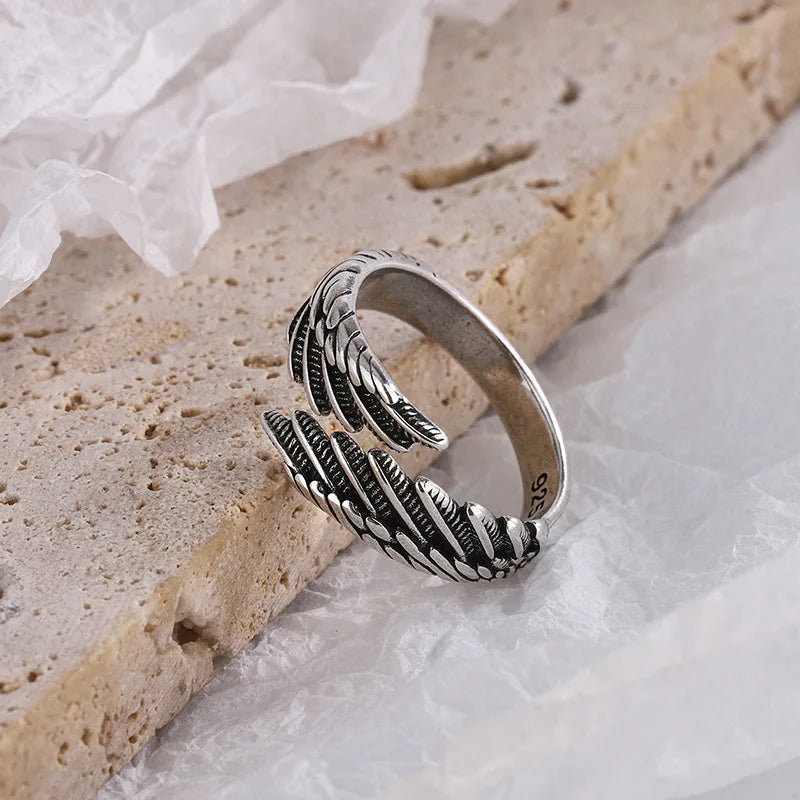 Angel Wing Feather Adjustable Ring – Vintage Silver-Tone Open Ring for Women (One Size, Statement Jewellery) | SHEFYSTYLE