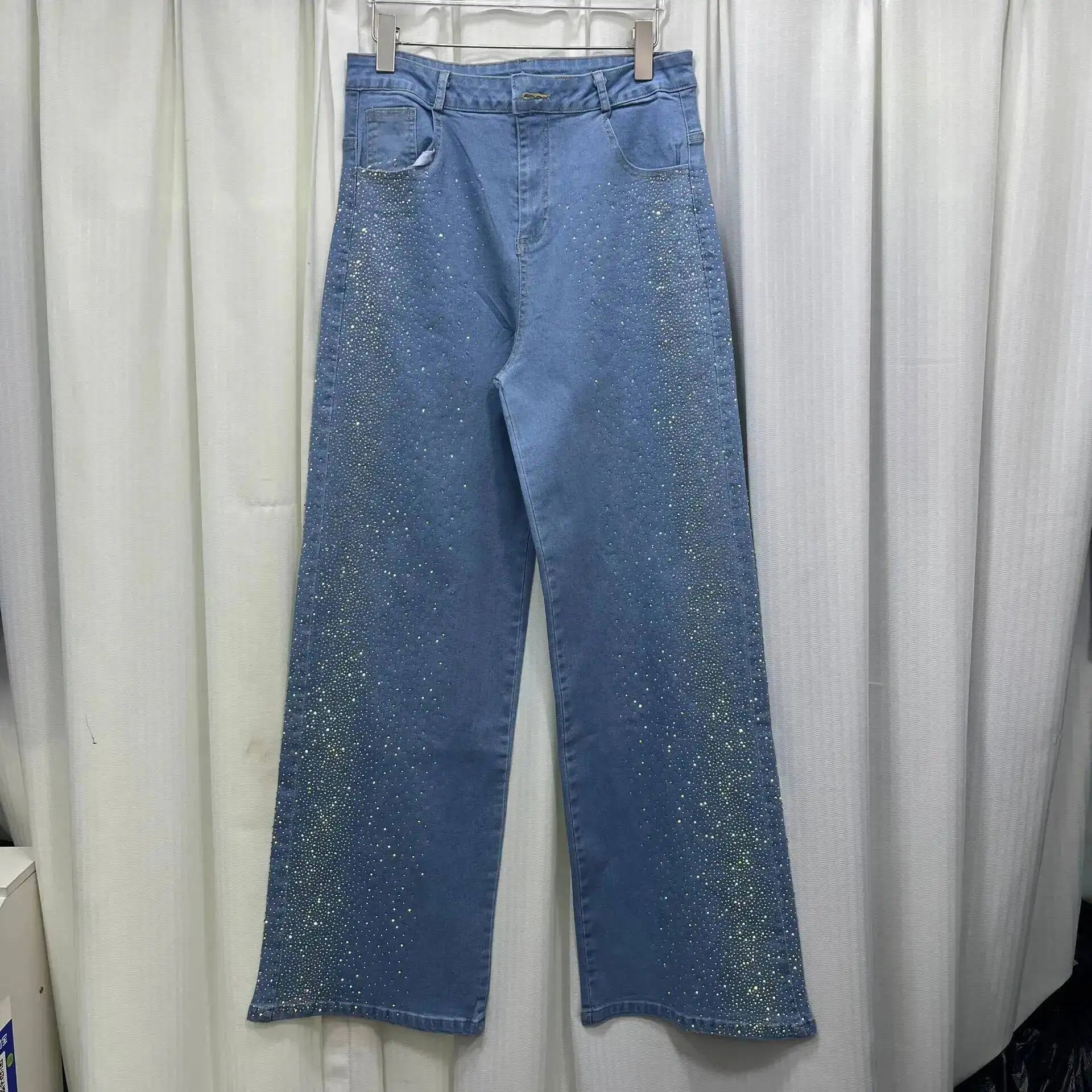 Women's Denim 2-Piece Set - Diamond-Embellished Short Sleeve Shirt & Straight Jeans | SHEFYSTYLE