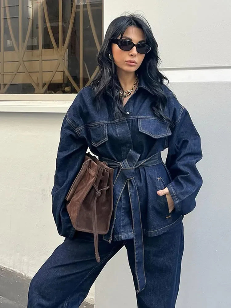 Women's Denim 2-Piece Set - Belted Jacket & Front Zip Jeans Trousers | SHEFYSTYLE