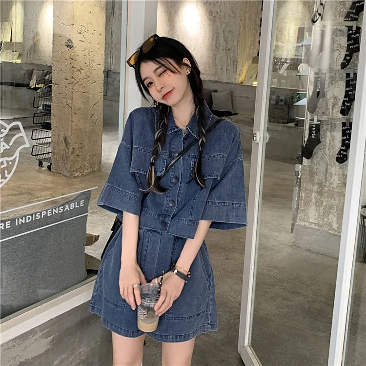 Women's Denim 2-Piece Set - Collared Top & High Waist Pocket Shorts Summer Outfit | SHEFYSTYLE