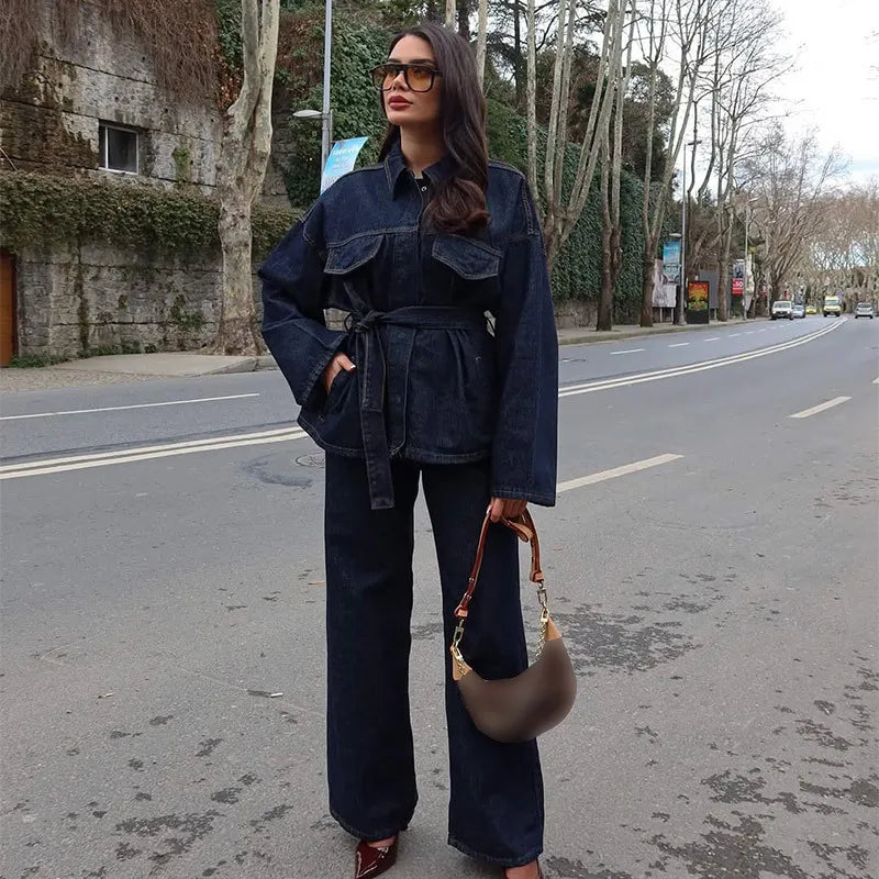 Women's Denim 2-Piece Set - Belted Jacket & Front Zip Jeans Trousers | SHEFYSTYLE