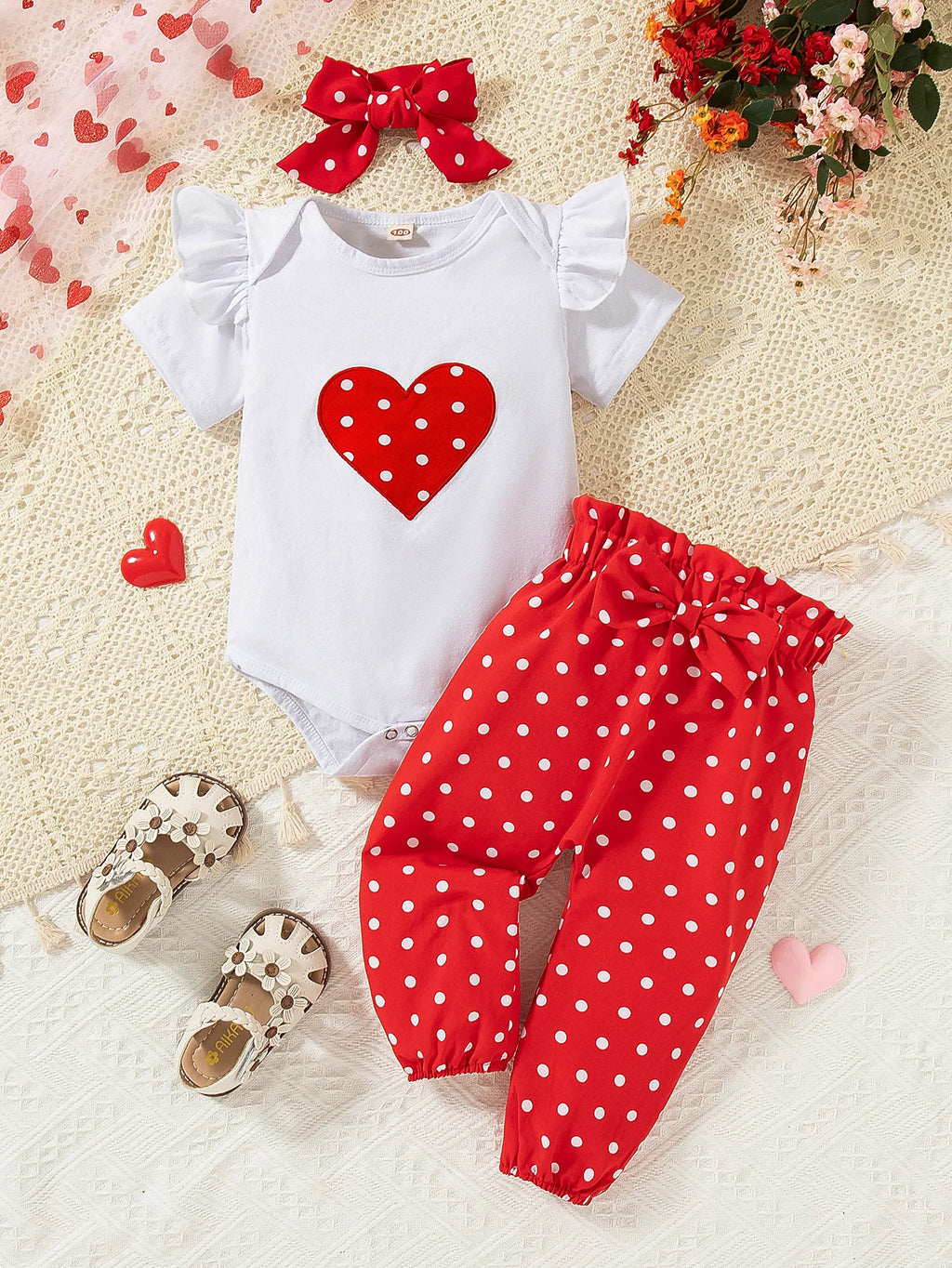 Newborn Baby Girl 3-Piece Outfit – Long-Sleeve Romper, Trousers & Headband (0–18 Months, Heart Print)