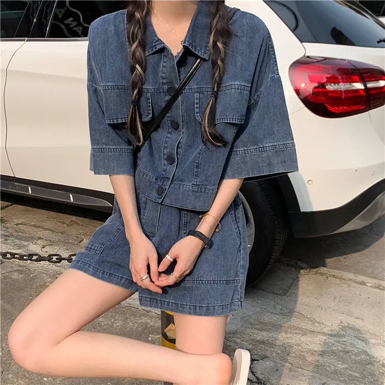 Women's Denim 2-Piece Set - Collared Top & High Waist Pocket Shorts Summer Outfit | SHEFYSTYLE