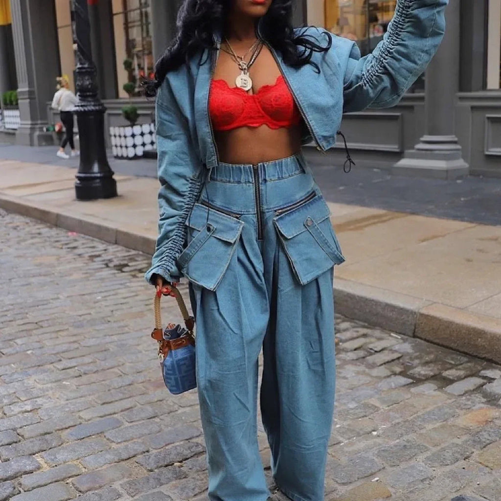 Women's Denim 2-Piece Set - Jacket & Wide Leg Jeans Matching Streetwear Outfit | SHEFYSTYLE