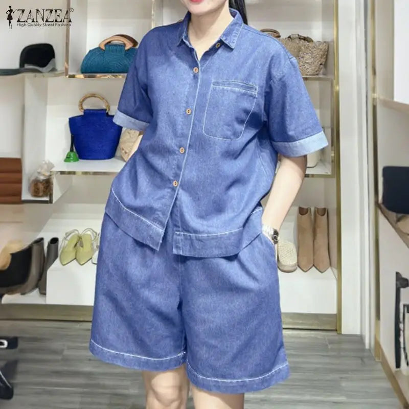 Women's Denim-Look 2-Piece Set - Short Sleeve Shirt & Elastic Waist Shorts Summer Outfit | SHEFYSTYLE