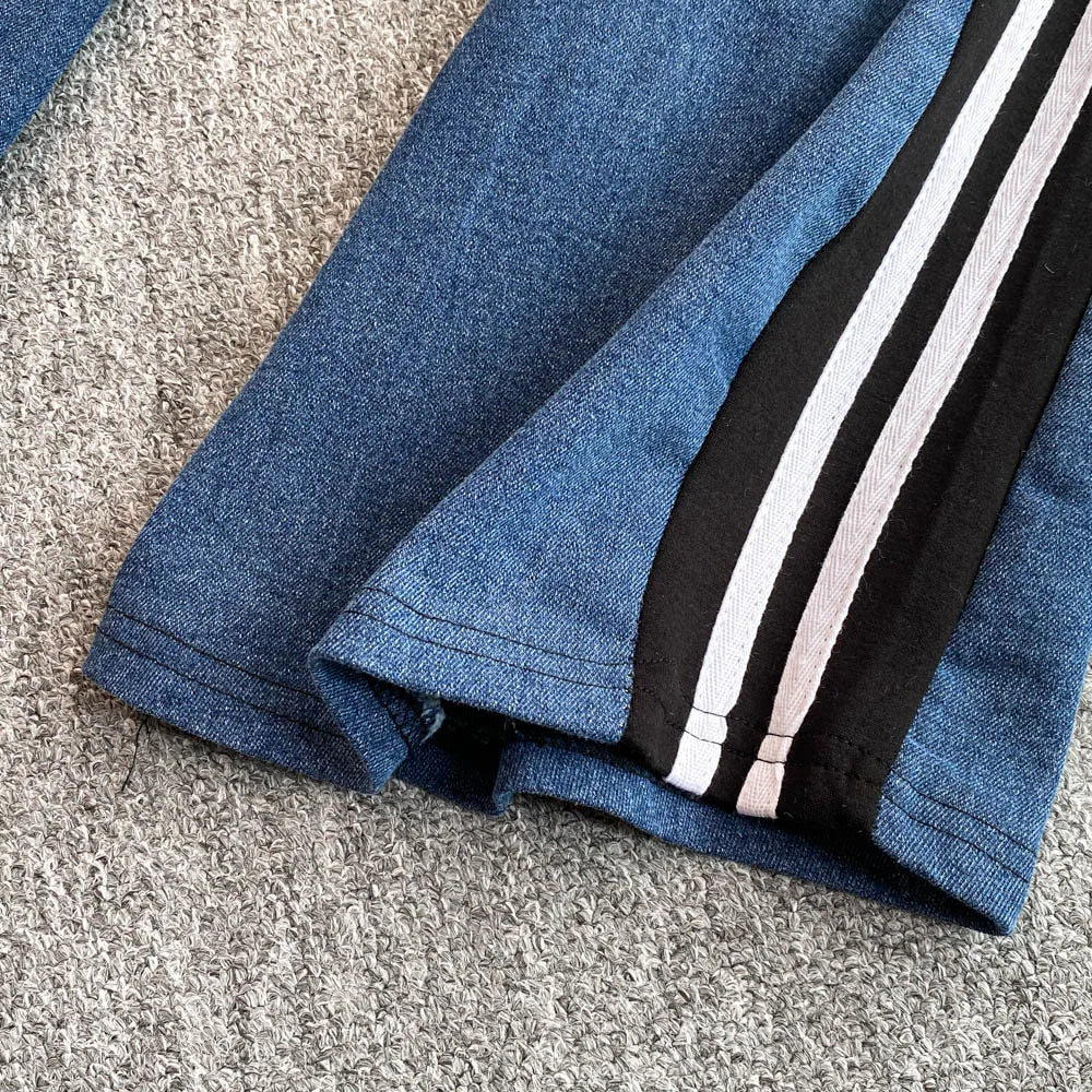 Women's Denim 2-Piece Set - Casual Top & Striped Straight Leg Pants Summer Outfit | SHEFYSTYLE