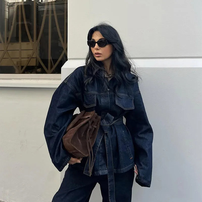 Women's Denim 2-Piece Set - Belted Jacket & Front Zip Jeans Trousers | SHEFYSTYLE