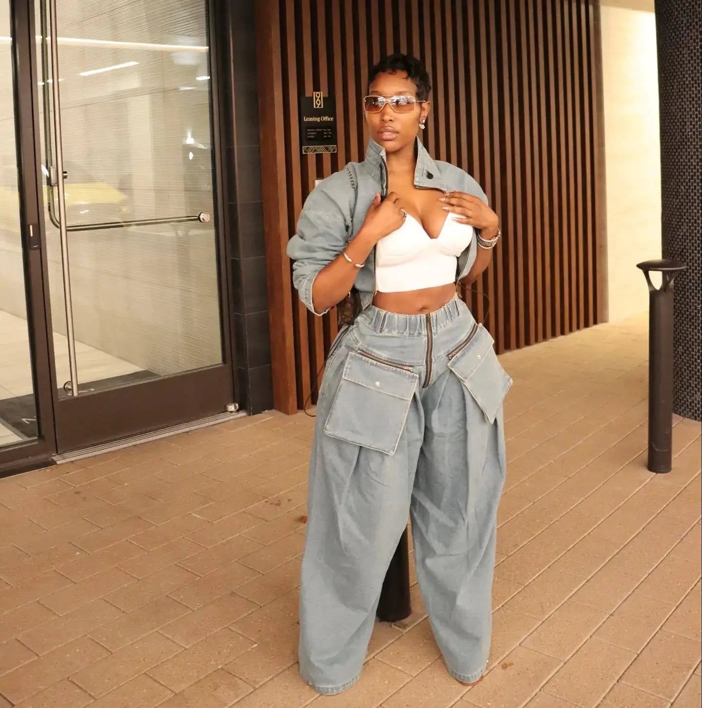 Women's Denim 2-Piece Set - Jacket & Wide Leg Jeans Matching Streetwear Outfit | SHEFYSTYLE