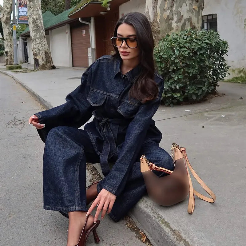 Women's Denim 2-Piece Set - Belted Jacket & Front Zip Jeans Trousers | SHEFYSTYLE