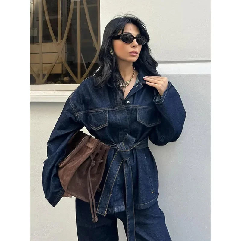 Women's Denim 2-Piece Set - Belted Jacket & Front Zip Jeans Trousers | SHEFYSTYLE