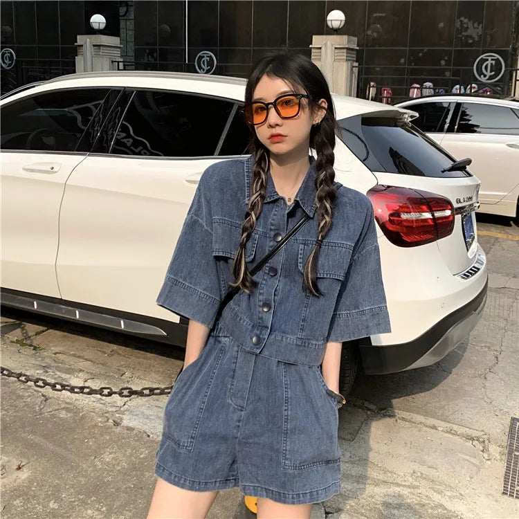 Women's Denim 2-Piece Set - Collared Top & High Waist Pocket Shorts Summer Outfit | SHEFYSTYLE
