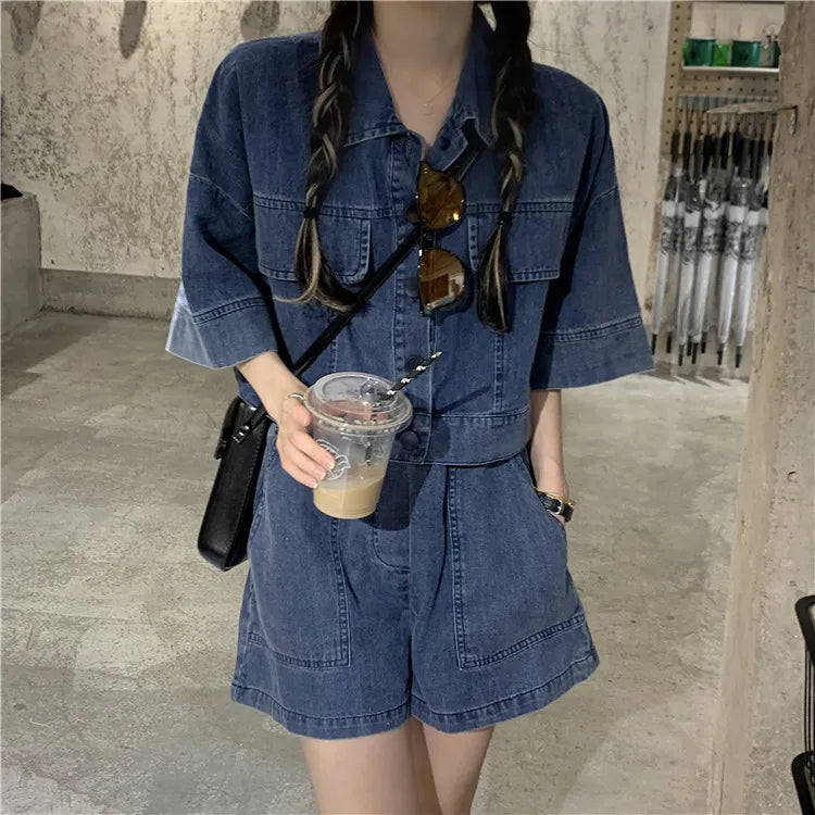 Women's Denim 2-Piece Set - Collared Top & High Waist Pocket Shorts Summer Outfit | SHEFYSTYLE