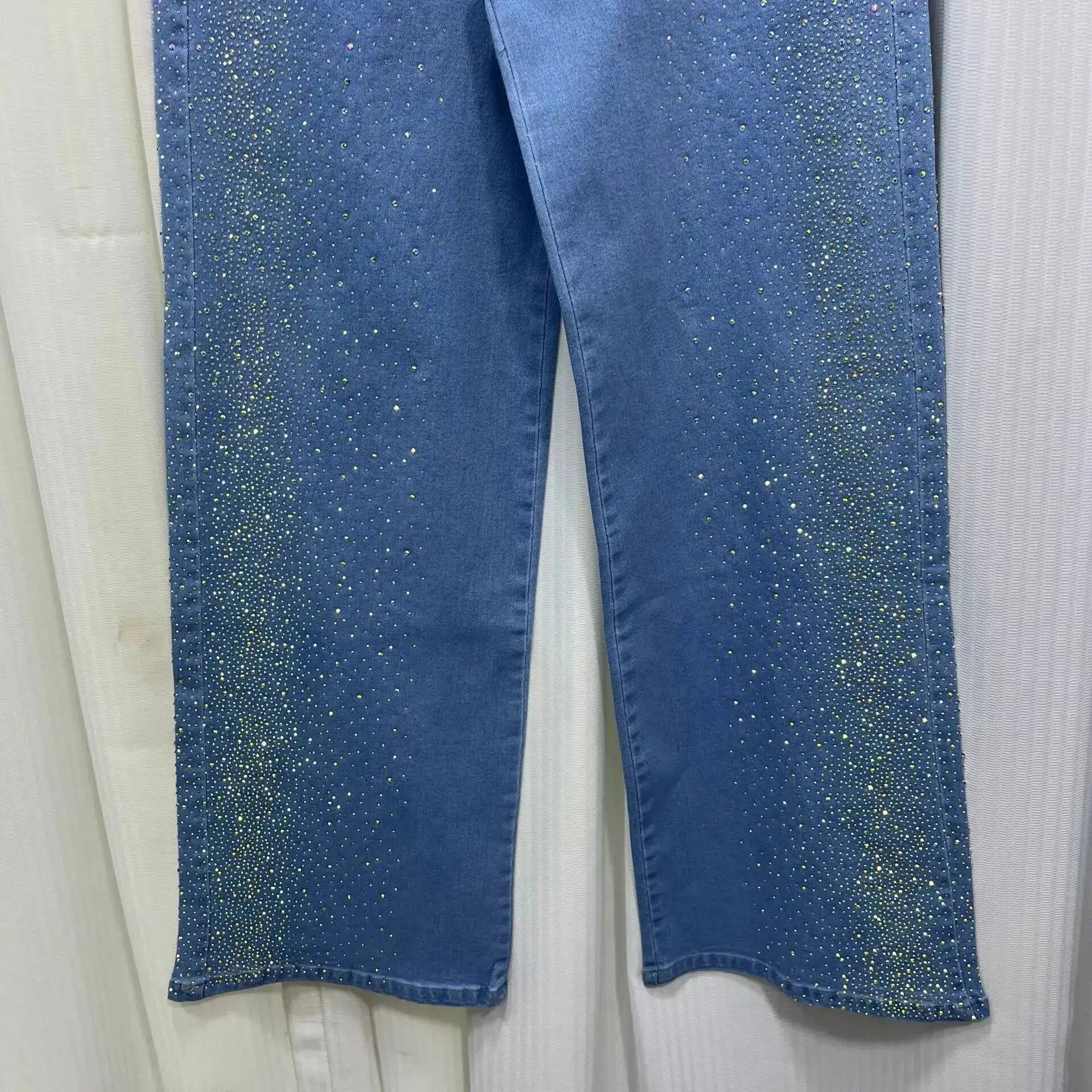 Women's Denim 2-Piece Set - Diamond-Embellished Short Sleeve Shirt & Straight Jeans | SHEFYSTYLE