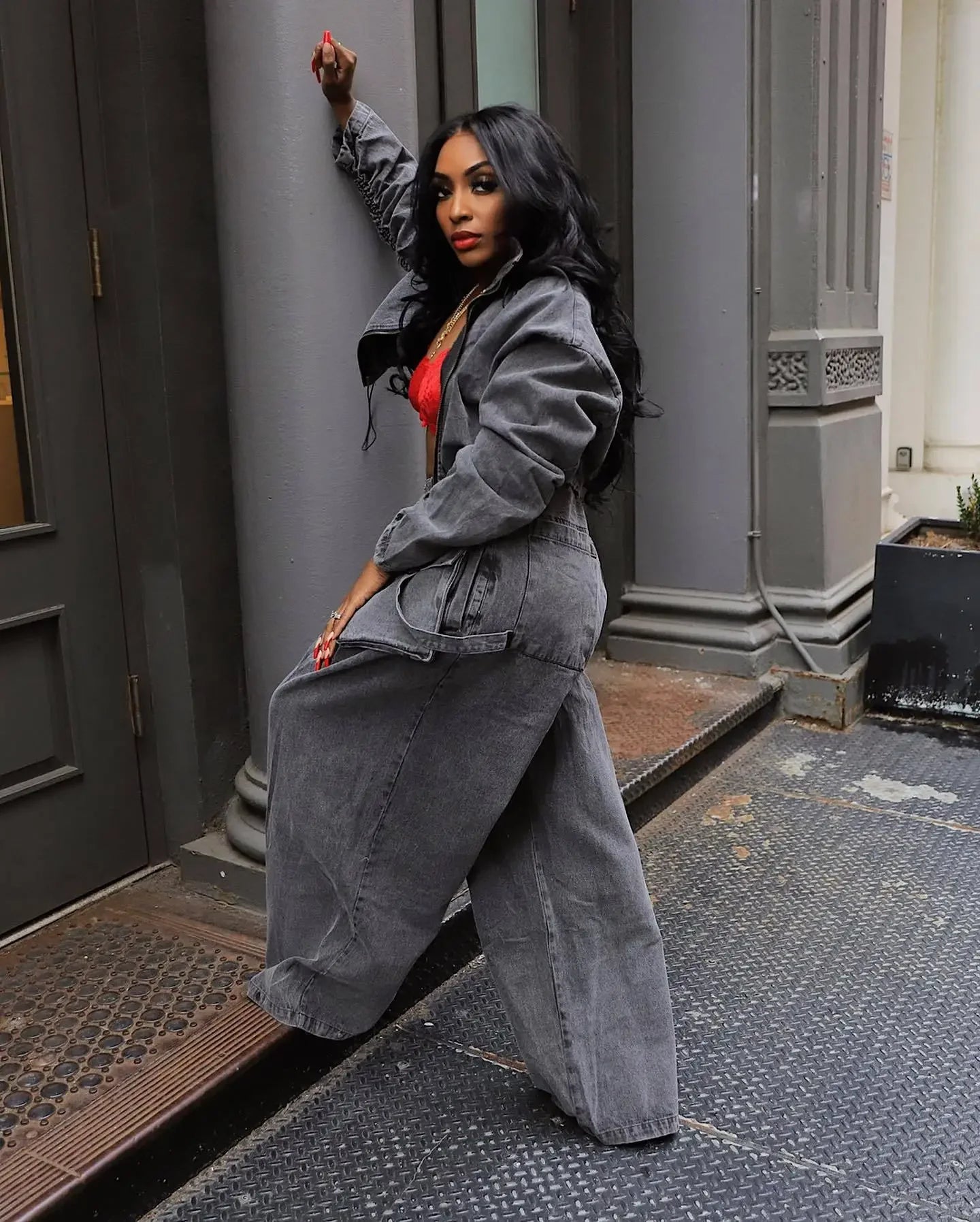 Women's Denim 2-Piece Set - Jacket & Wide Leg Jeans Matching Streetwear Outfit | SHEFYSTYLE