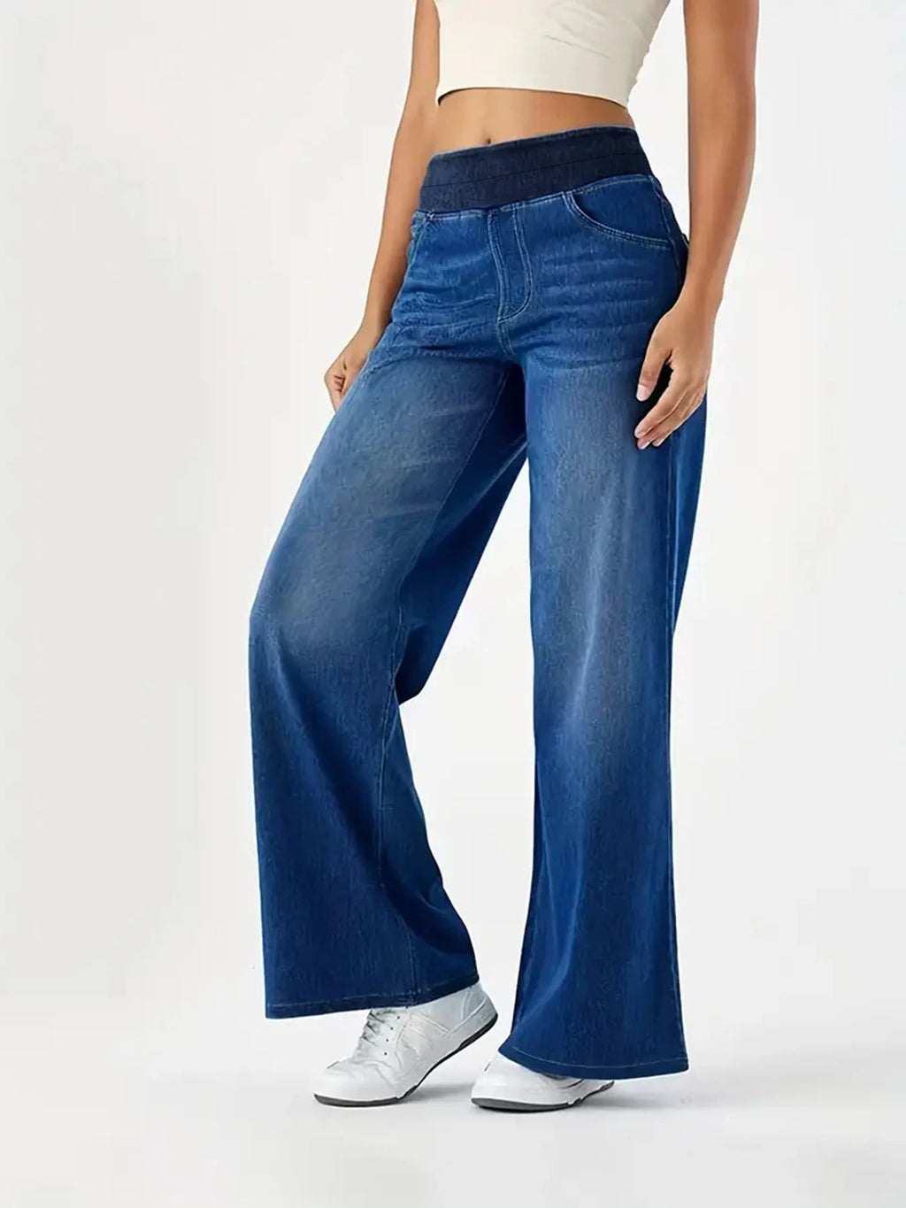 Y2K Baggy Wide-Leg Jeans – Stretchy High-Waist Denim for Women (Whisker Wash, Loose Straight Fit)