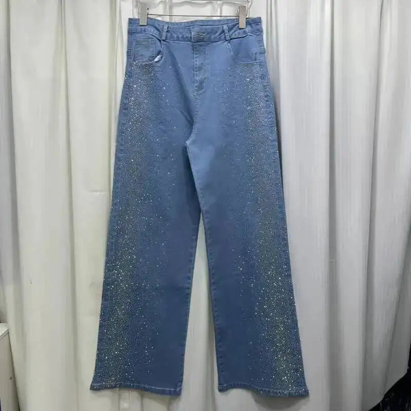 Women's Denim 2-Piece Set - Diamond-Embellished Short Sleeve Shirt & Straight Jeans | SHEFYSTYLE
