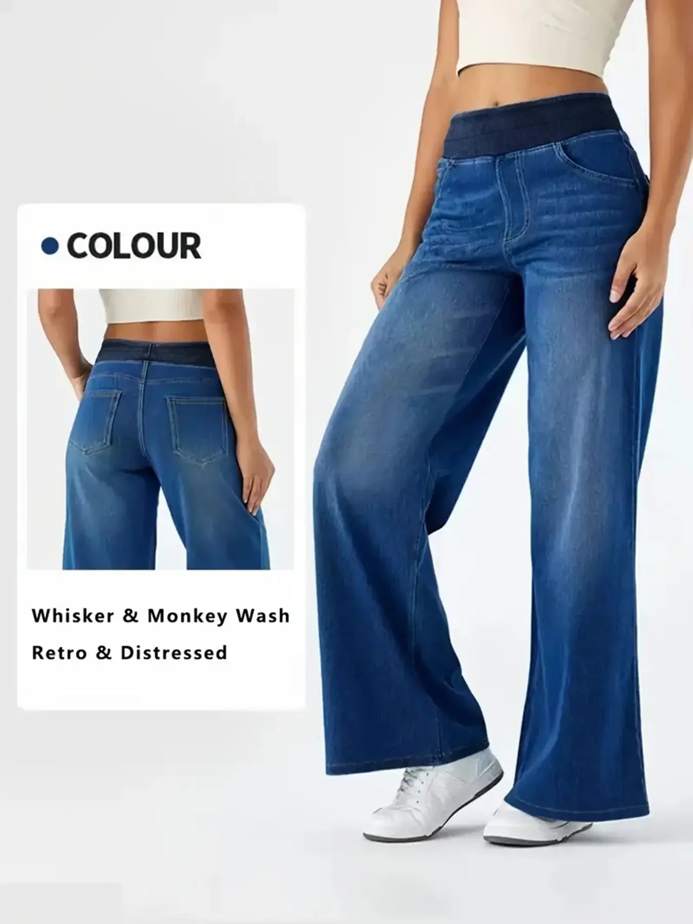 Y2K Baggy Wide-Leg Jeans – Stretchy High-Waist Denim for Women (Whisker Wash, Loose Straight Fit)