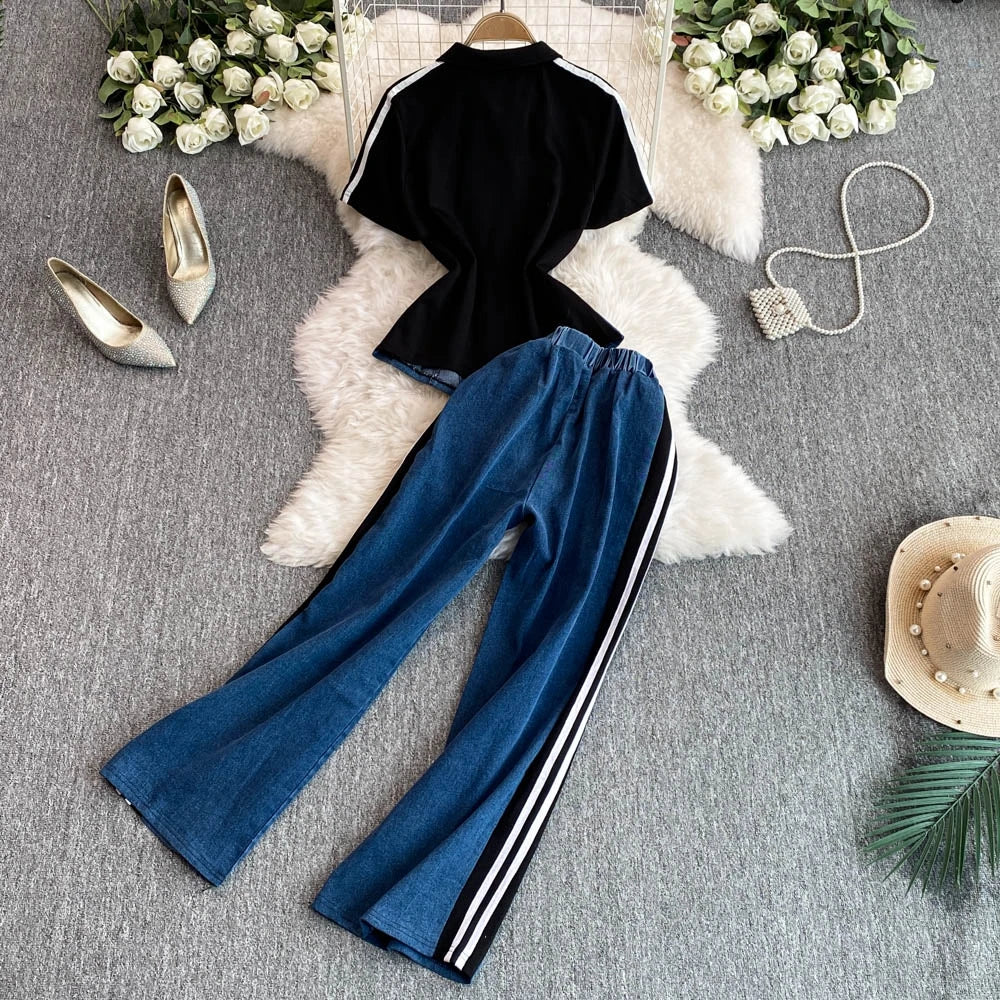 Women's Denim 2-Piece Set - Casual Top & Striped Straight Leg Pants Summer Outfit | SHEFYSTYLE