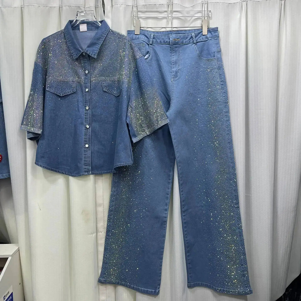 Women's Denim 2-Piece Set - Diamond-Embellished Short Sleeve Shirt & Straight Jeans | SHEFYSTYLE