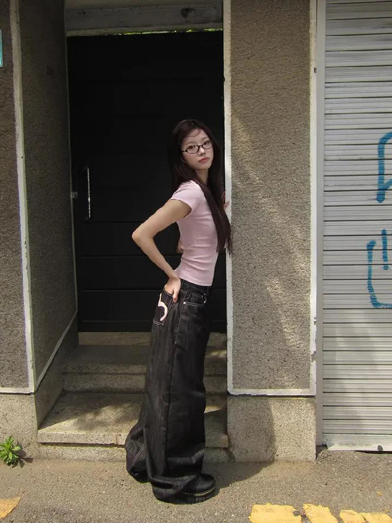 Y2K Grunge Wide-Leg Jeans – High-Waist Baggy Denim for Women (Harajuku Streetwear, Loose Fit)